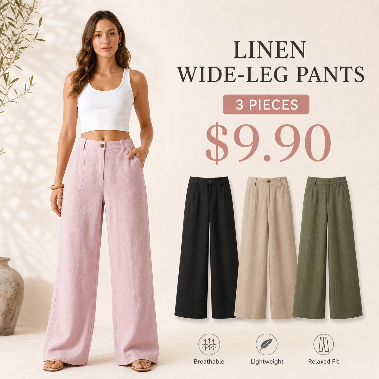 Women's Classic Linen Wide-Leg Pants