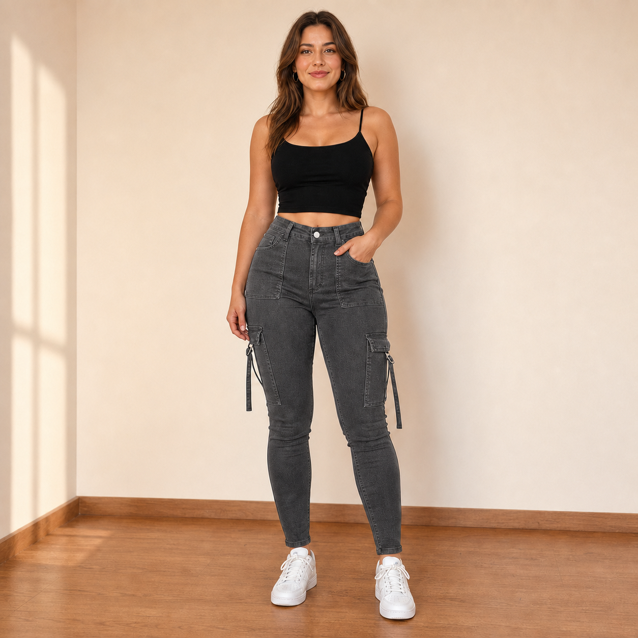 High Waist Slim Cargo Jeans