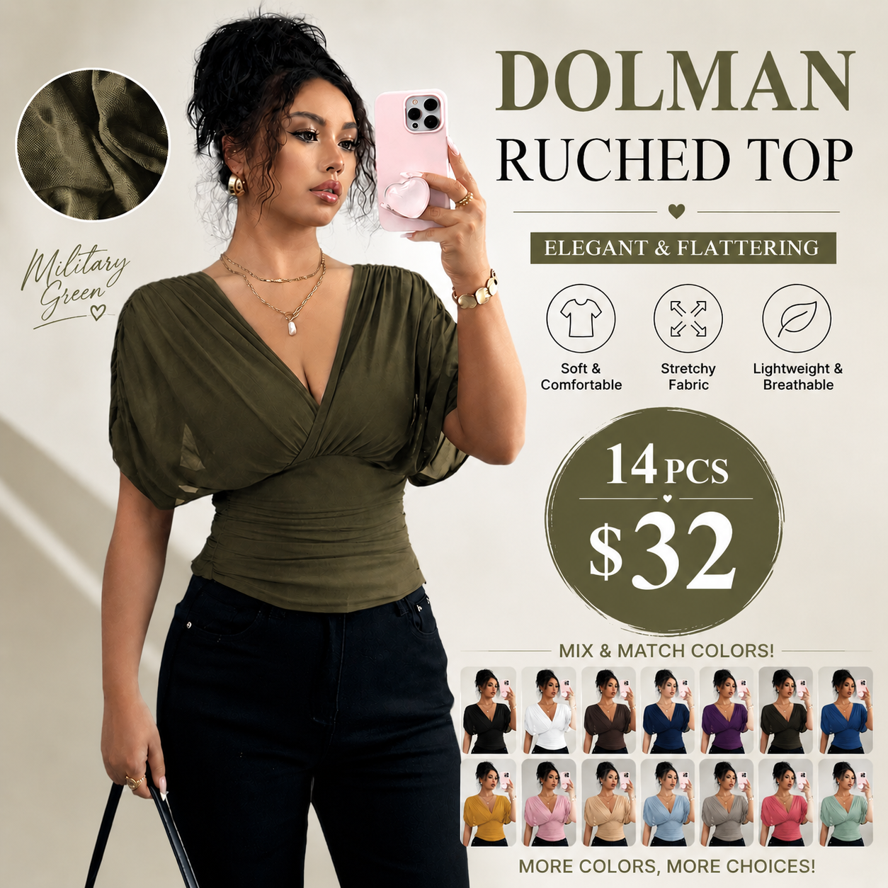 Sexy Batwing-Sleeve T-Shirt with Ruched V-Neck and Waist-Flattering Fit