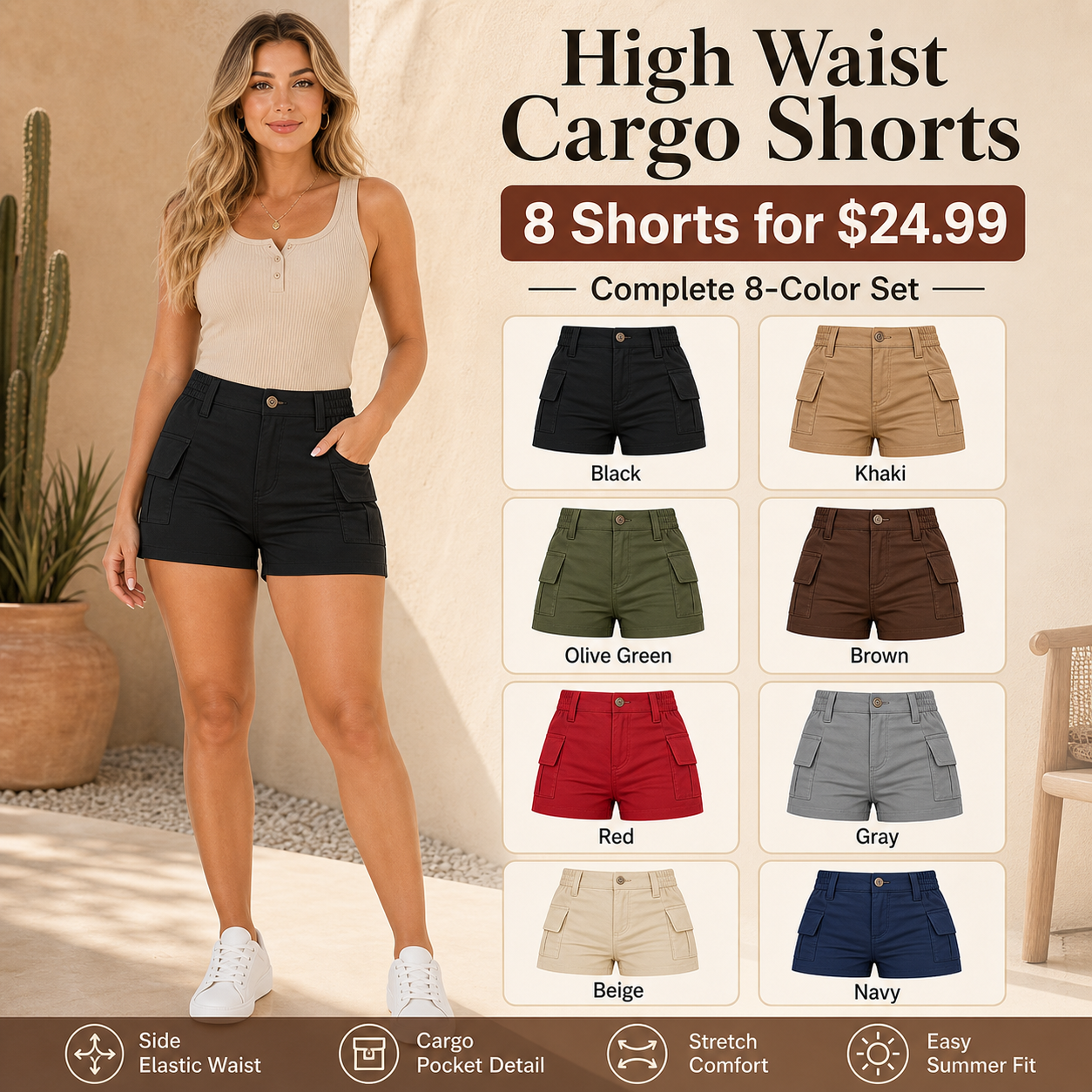 High Waist Stretch Cargo Shorts