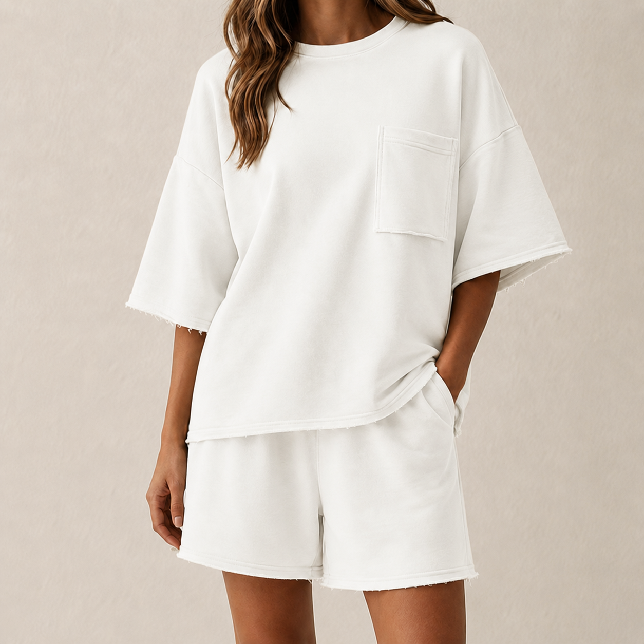Ivory White oversized short sleeve lounge set model image