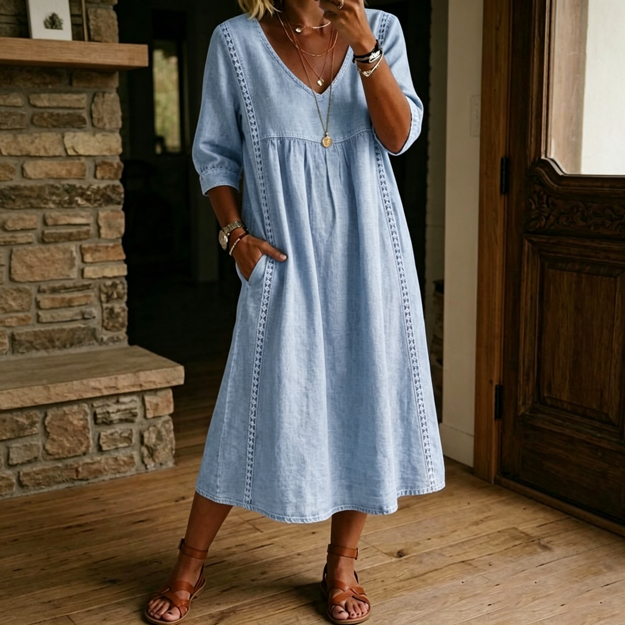 【Hot Sale🔥🔥】Casual Loose-fitting Patchwork Lace Trim Linen And Cotton Dress
