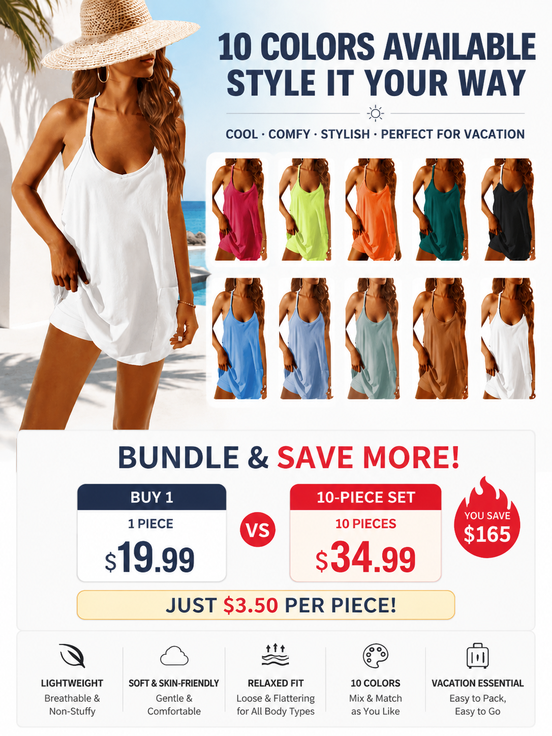 🔥Summer Sale❤️Womens Summer Sleeveless Mini Dress V Neck Spaghetti