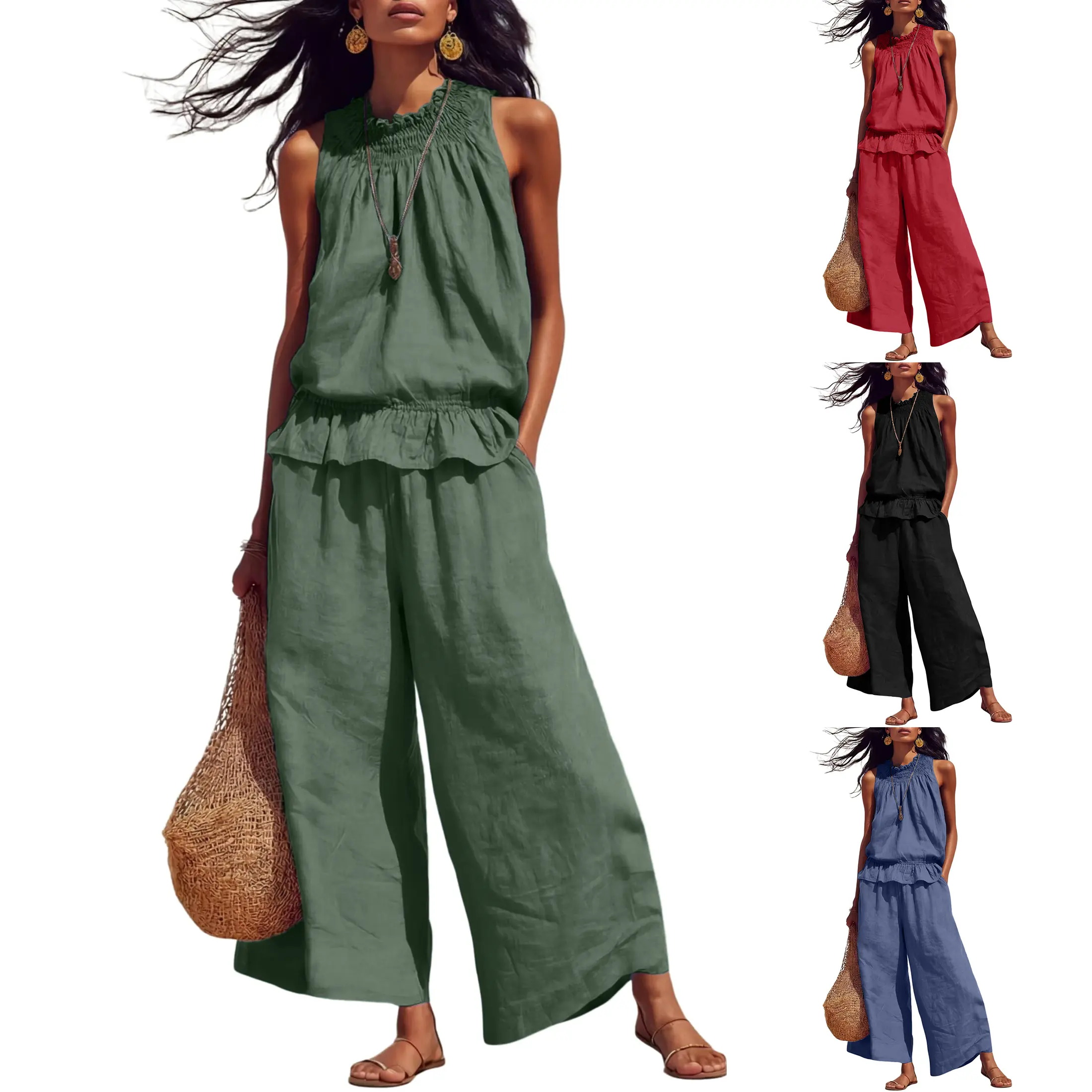 Women's Linen 2 Piece Set Sleeveless Wide Leg Pants