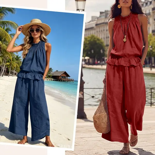 Women's Linen 2 Piece Set Sleeveless Wide Leg Pants