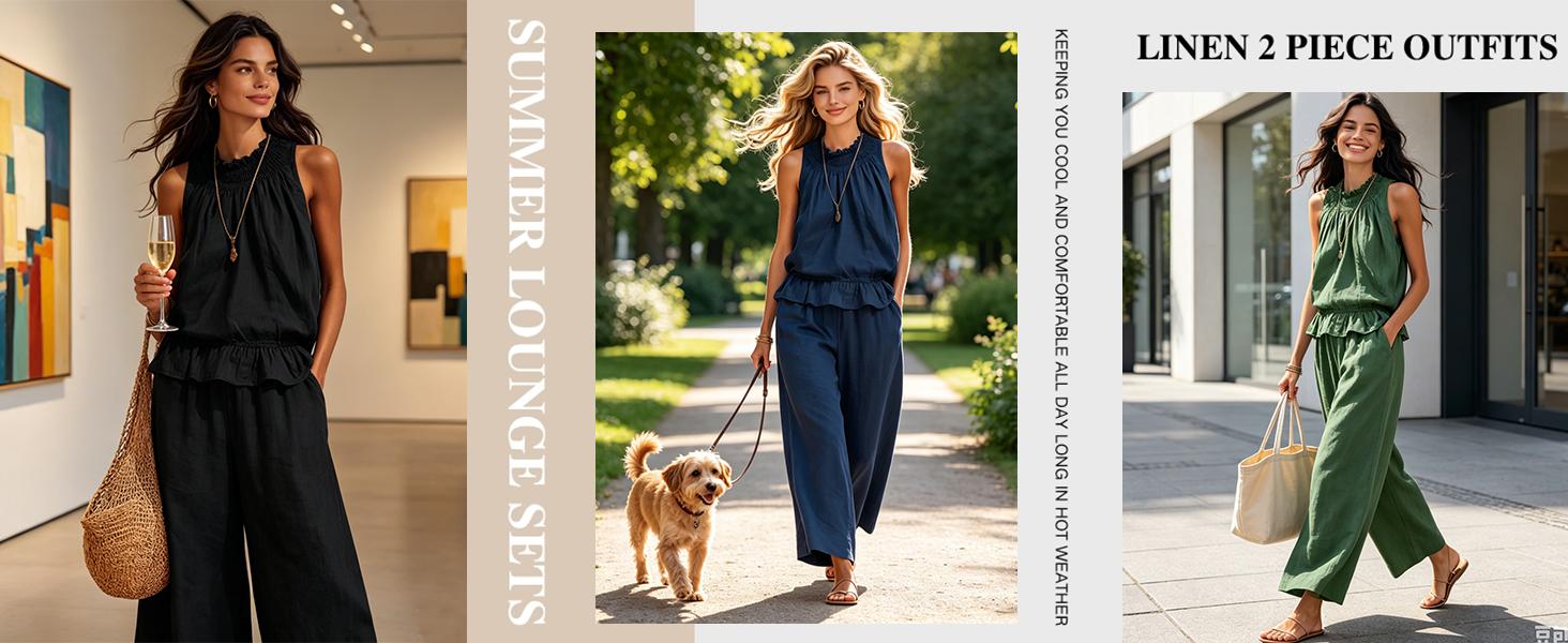 SCUSTY Women's Linen 2 Piece Set Sleeveless Wide Leg Pants detail 5