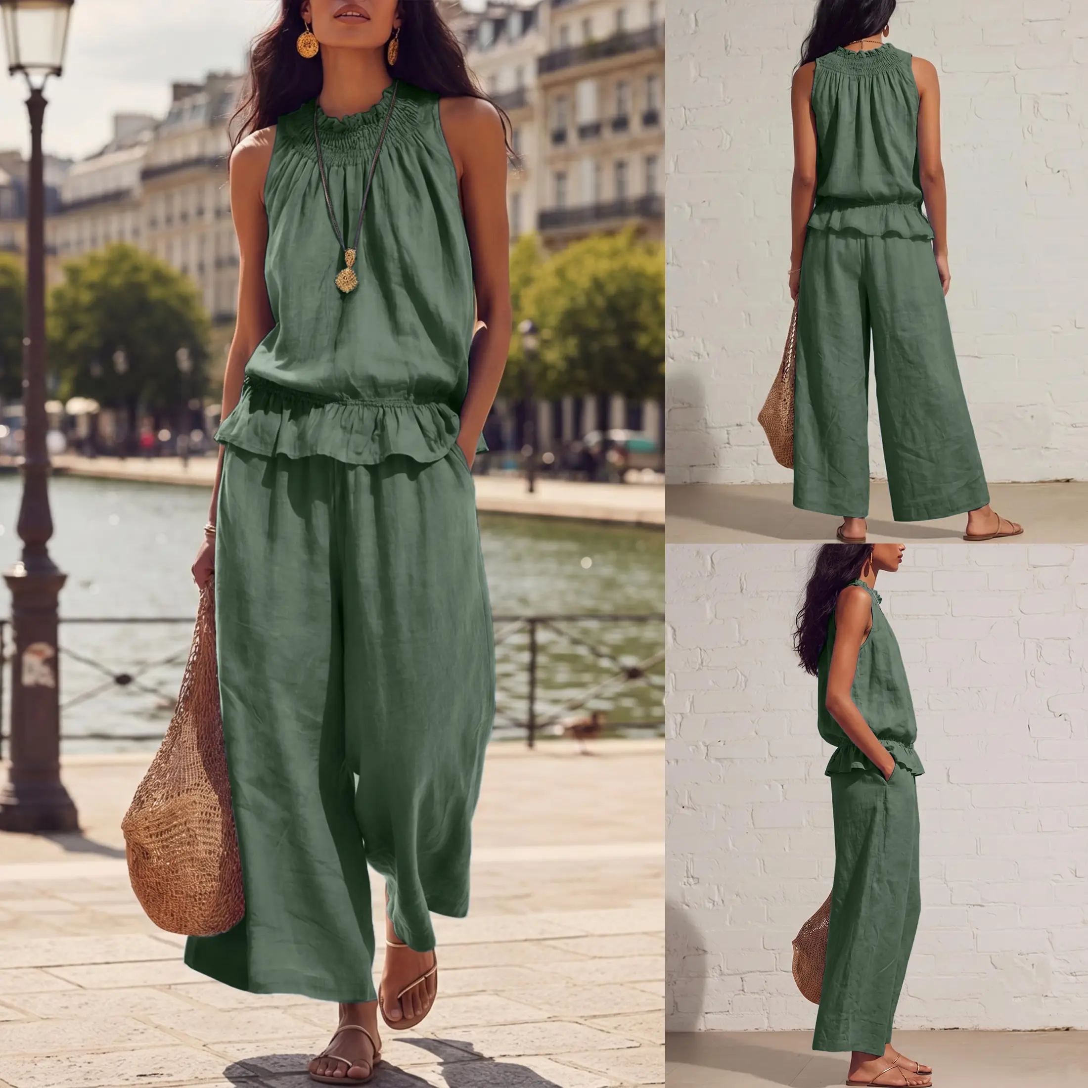 Women's Linen 2 Piece Set Sleeveless Wide Leg Pants
