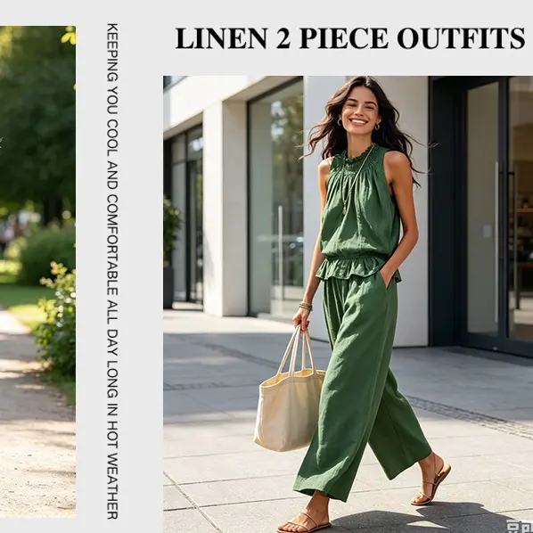 Women's Linen 2 Piece Set Sleeveless Wide Leg Pants