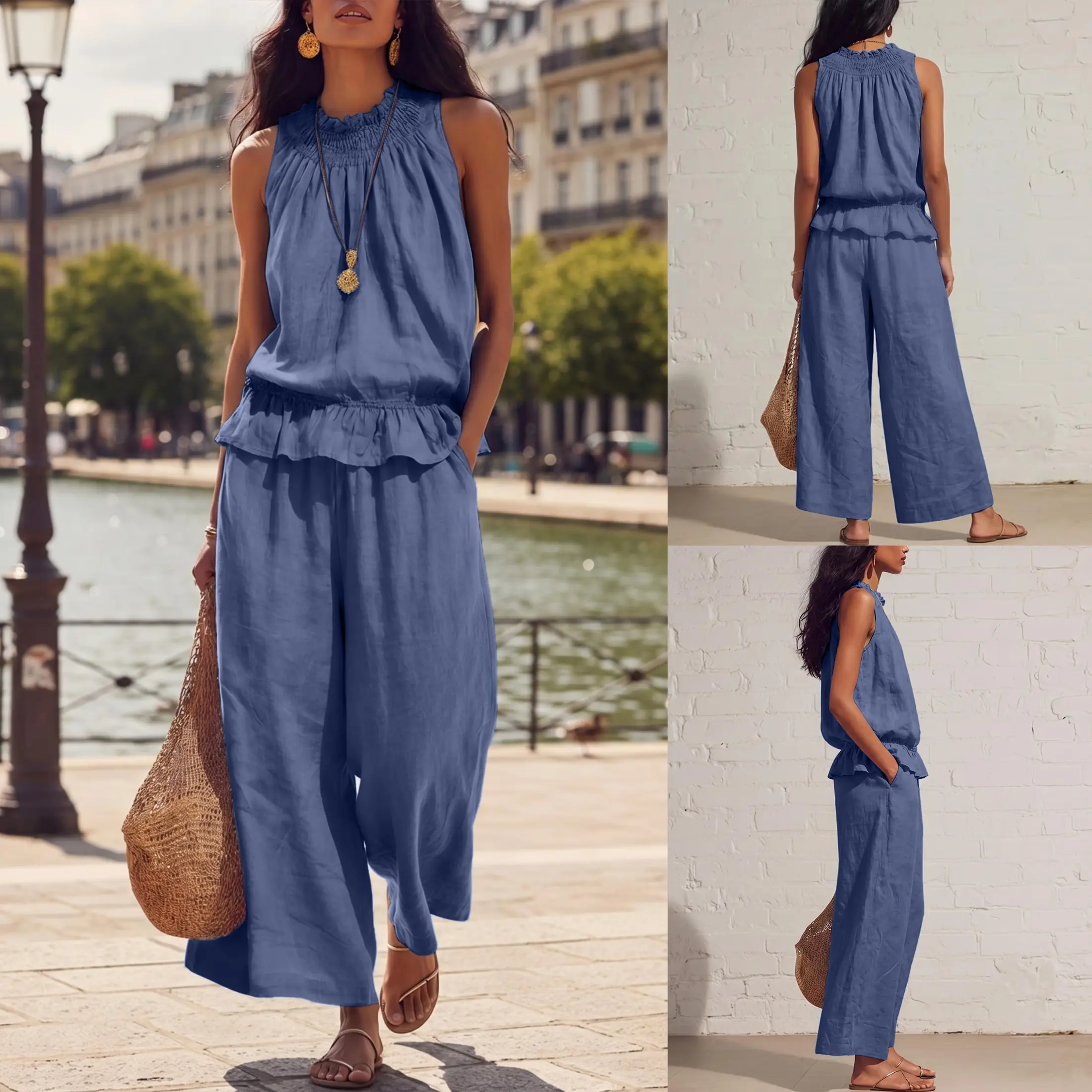 Women's Linen 2 Piece Set Sleeveless Wide Leg Pants