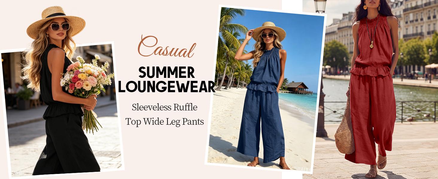 SCUSTY Women's Linen 2 Piece Set Sleeveless Wide Leg Pants detail 3