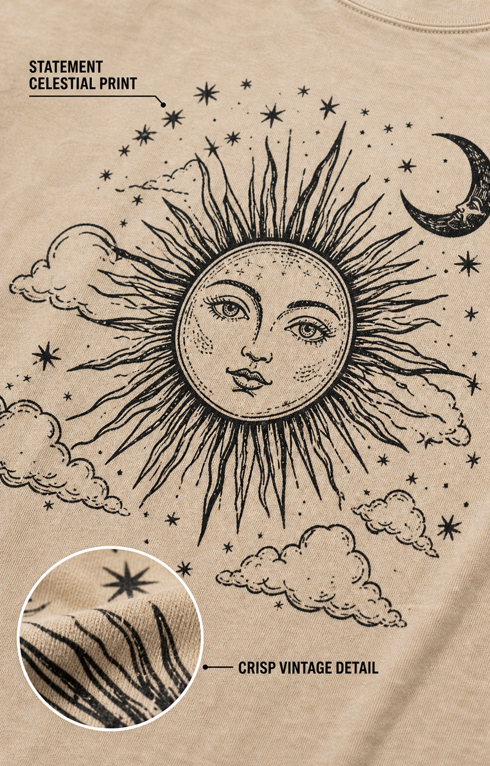 Celestial sun and moon print detail