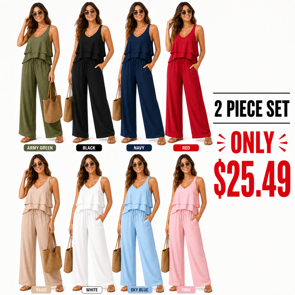 Women's Linen 2 Piece Set Sleeveless Wide Leg Pants