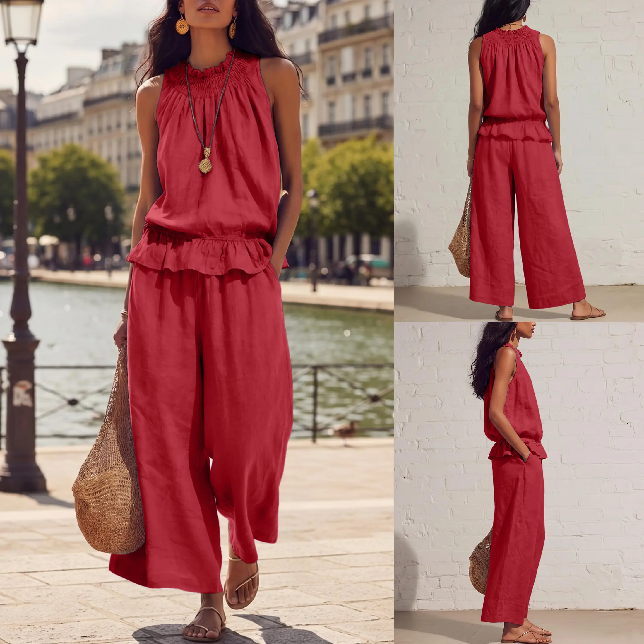 Women's Linen 2 Piece Set Sleeveless Wide Leg Pants