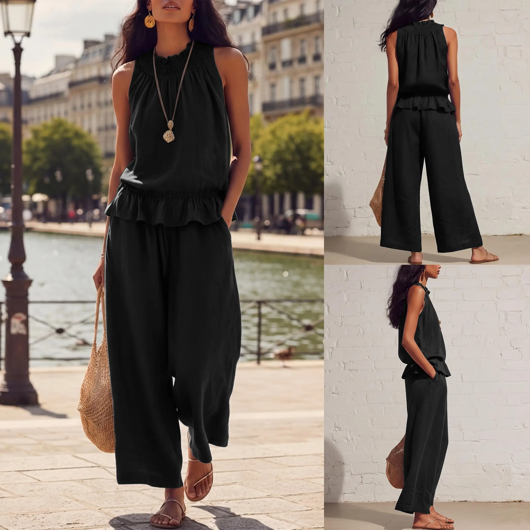 Women's Linen 2 Piece Set Sleeveless Wide Leg Pants