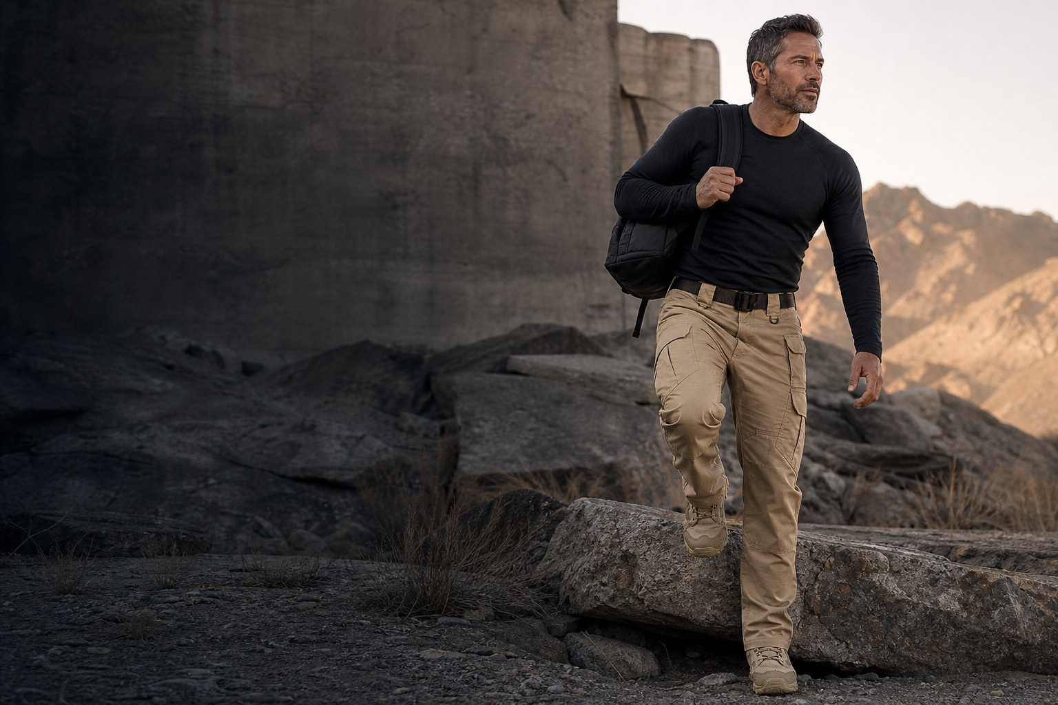 Man wearing khaki tactical utility pants in a rugged outdoor setting