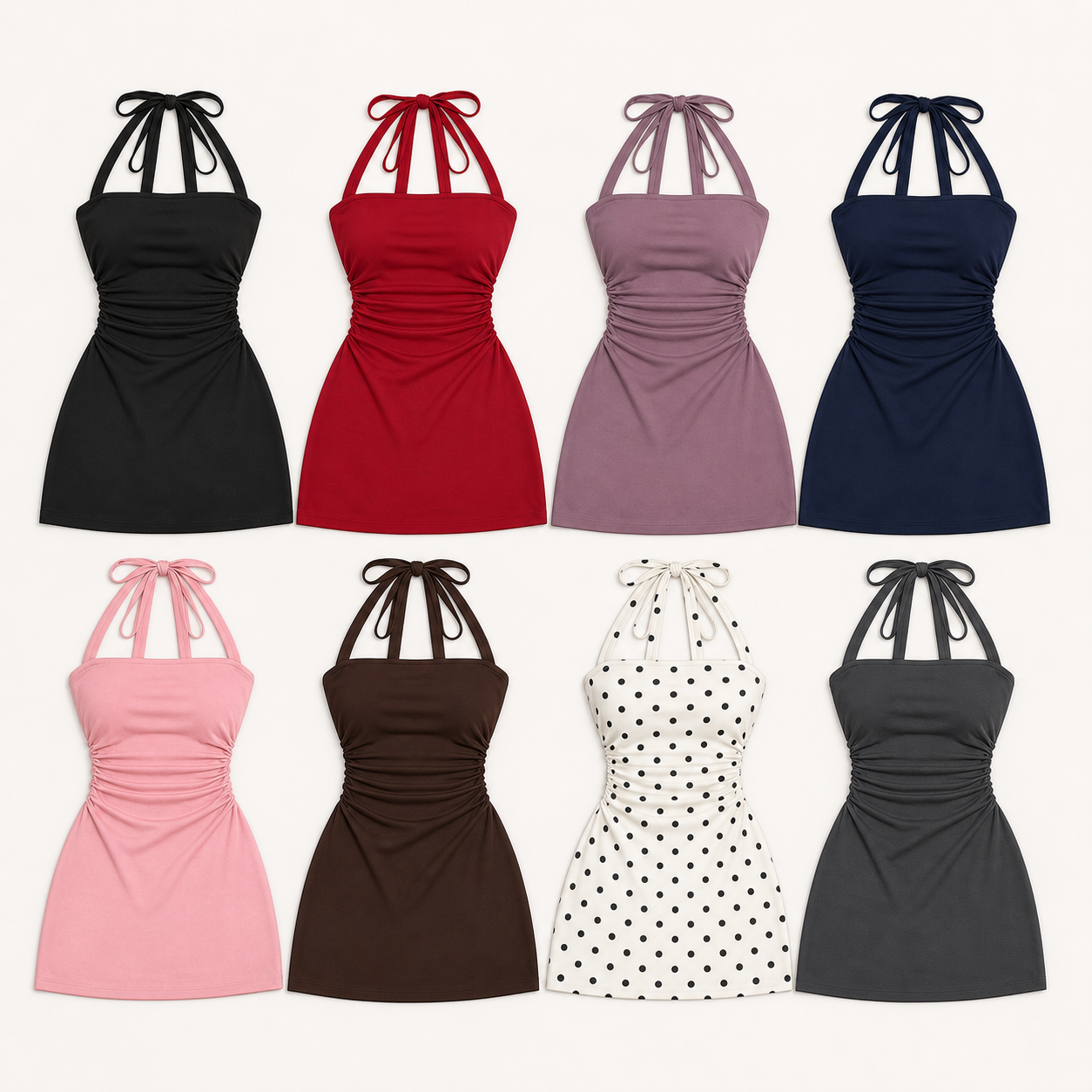 Women's Ruched Tie-Back Halter A-Line Mini Dress - 8 Pack image 4