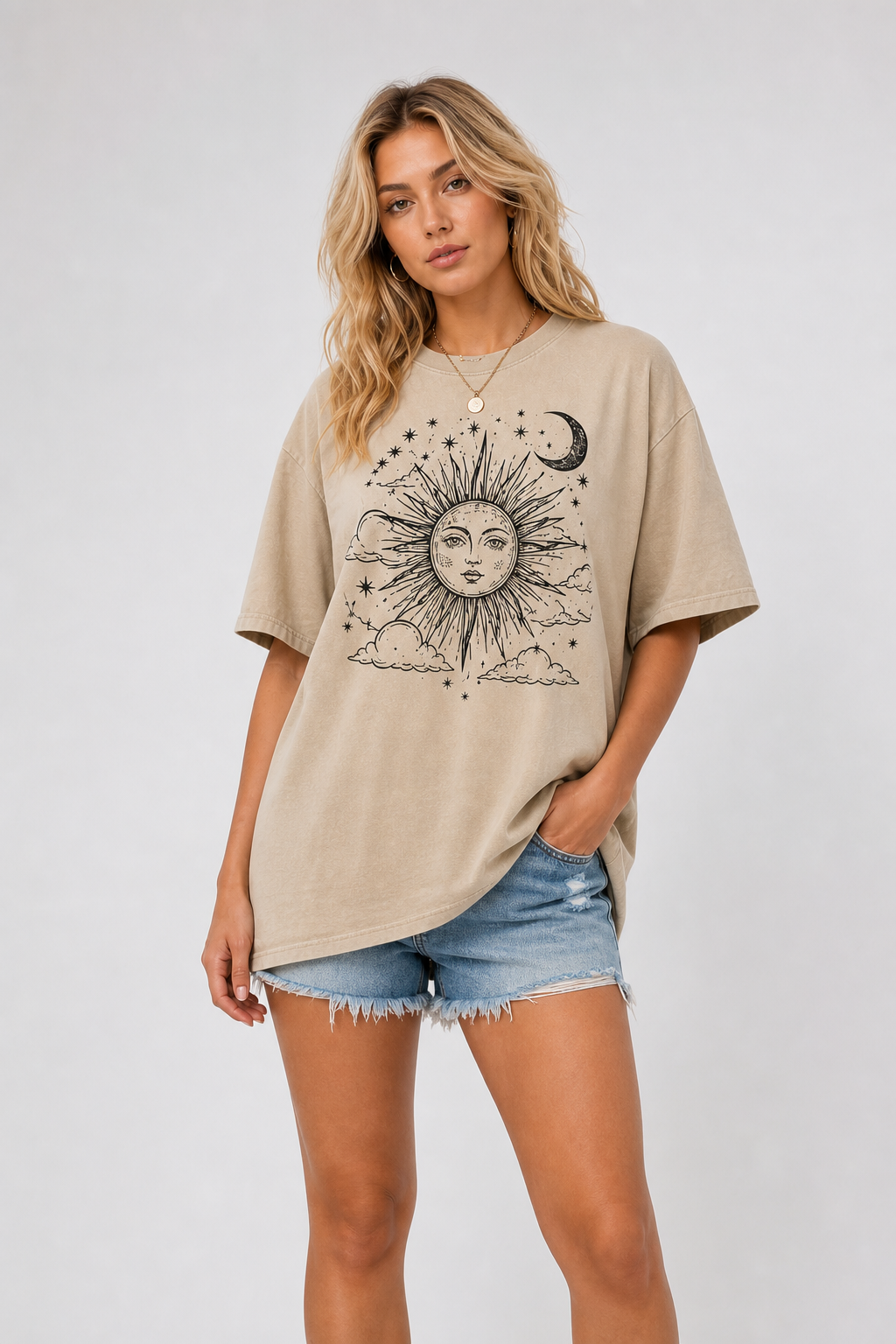 Beige oversized celestial graphic tee on model