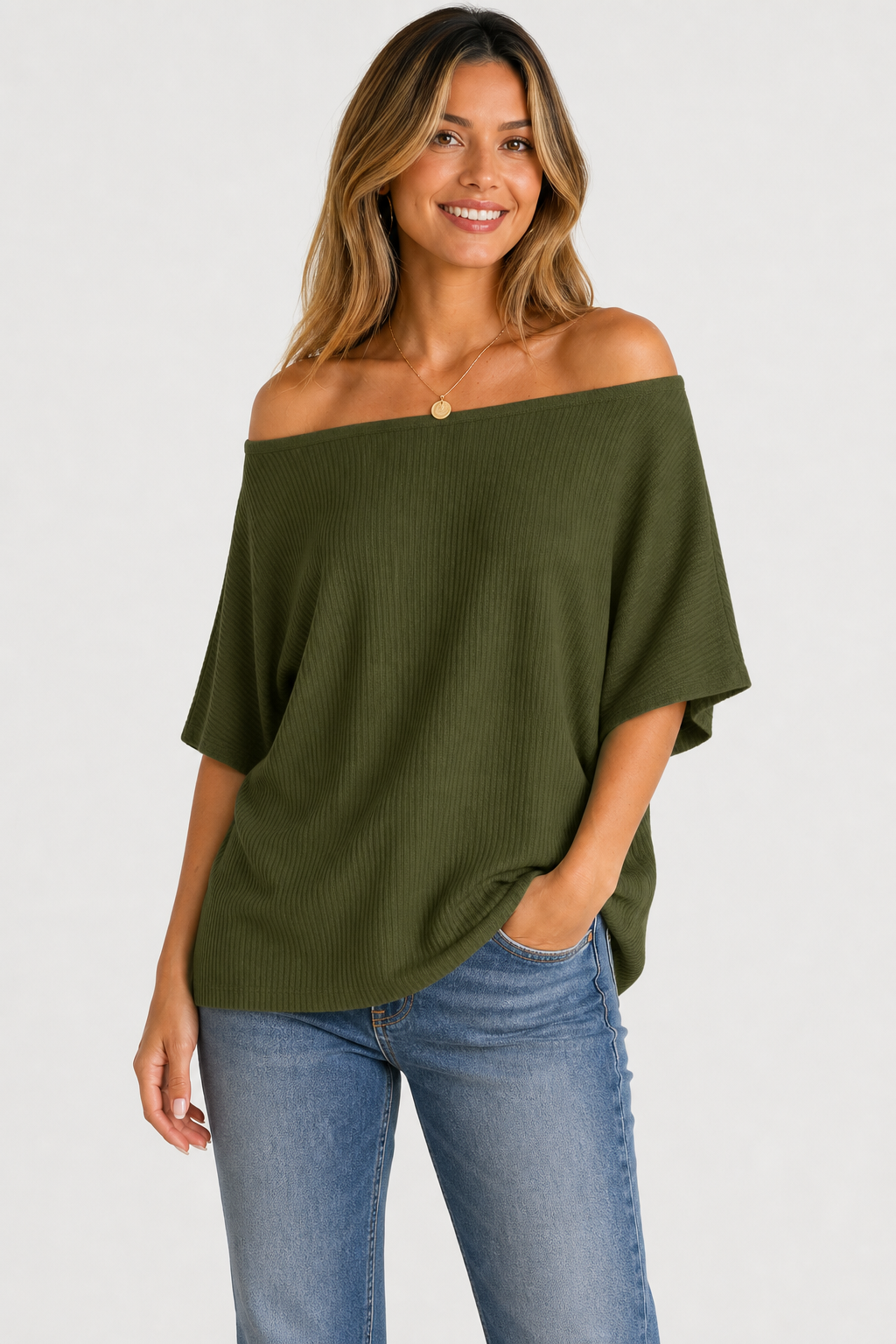 Olive off-shoulder ribbed top on model