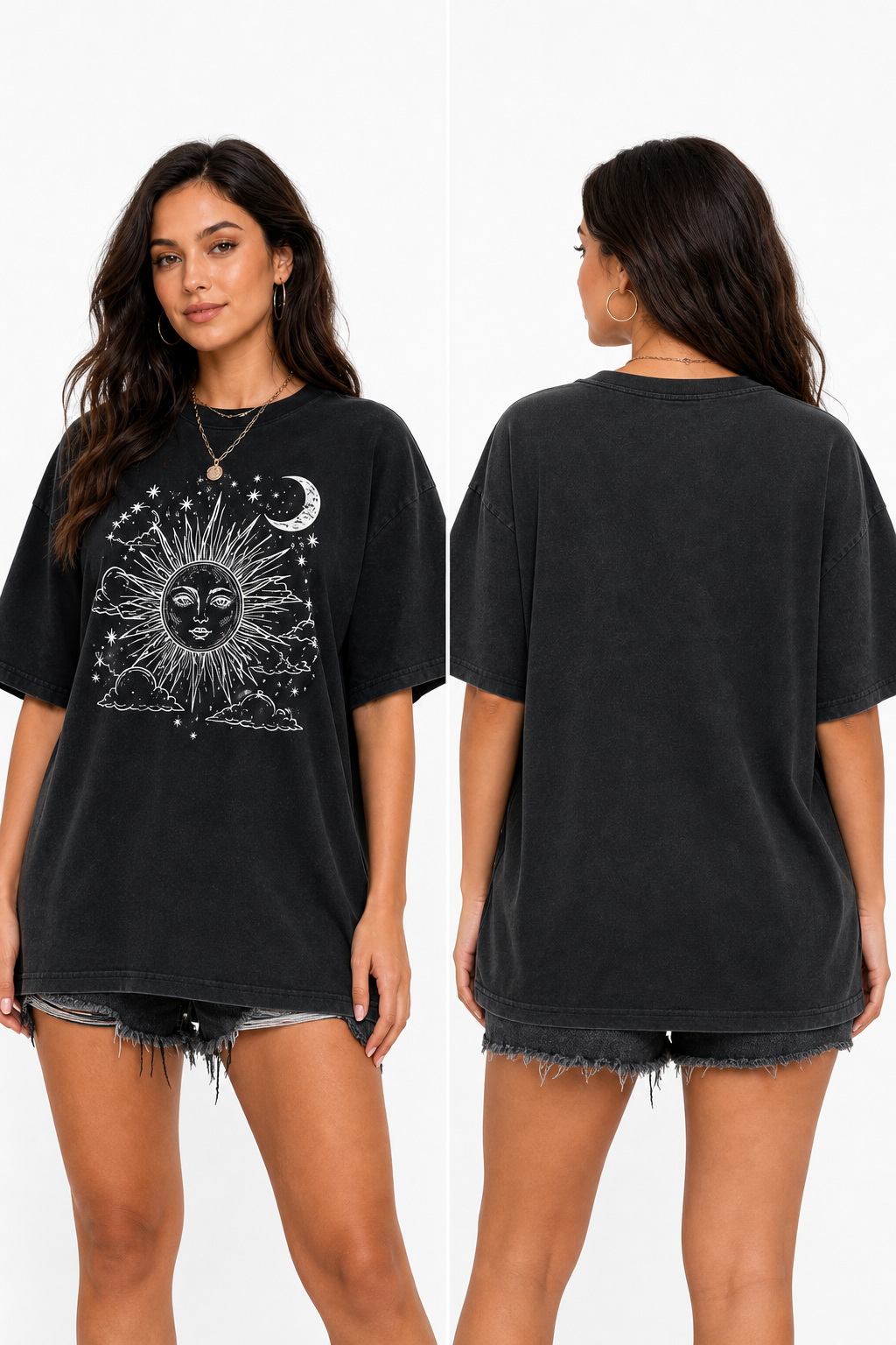 Black washed graphic tee front and plain back fit