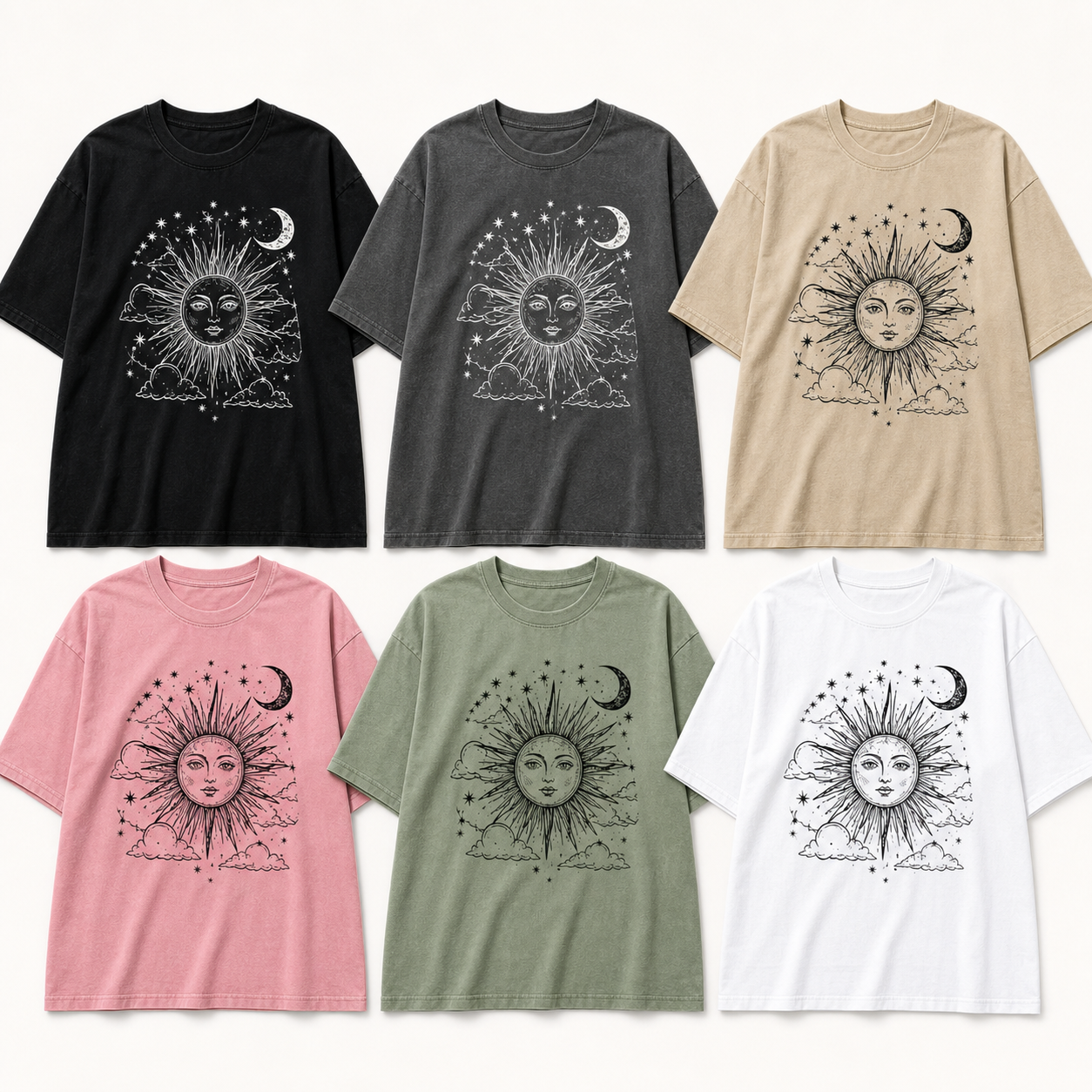 Six washed celestial graphic tees in all included colors