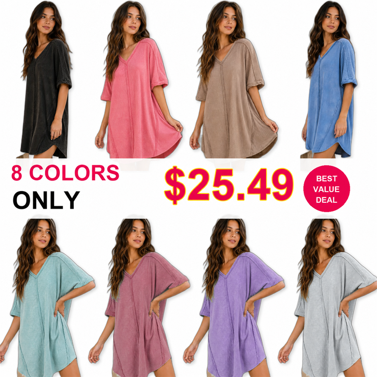 Women's Acid-Washed Ribbed Casual Dress - 8 Colors Only $25.49