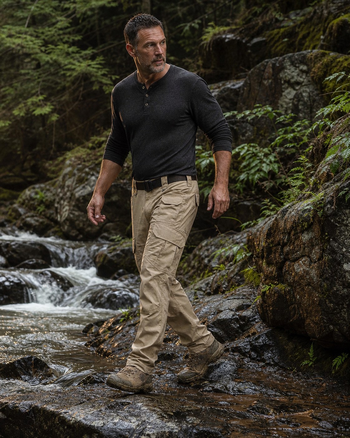 Man crossing a wet forest stream in khaki ripstop tactical pants