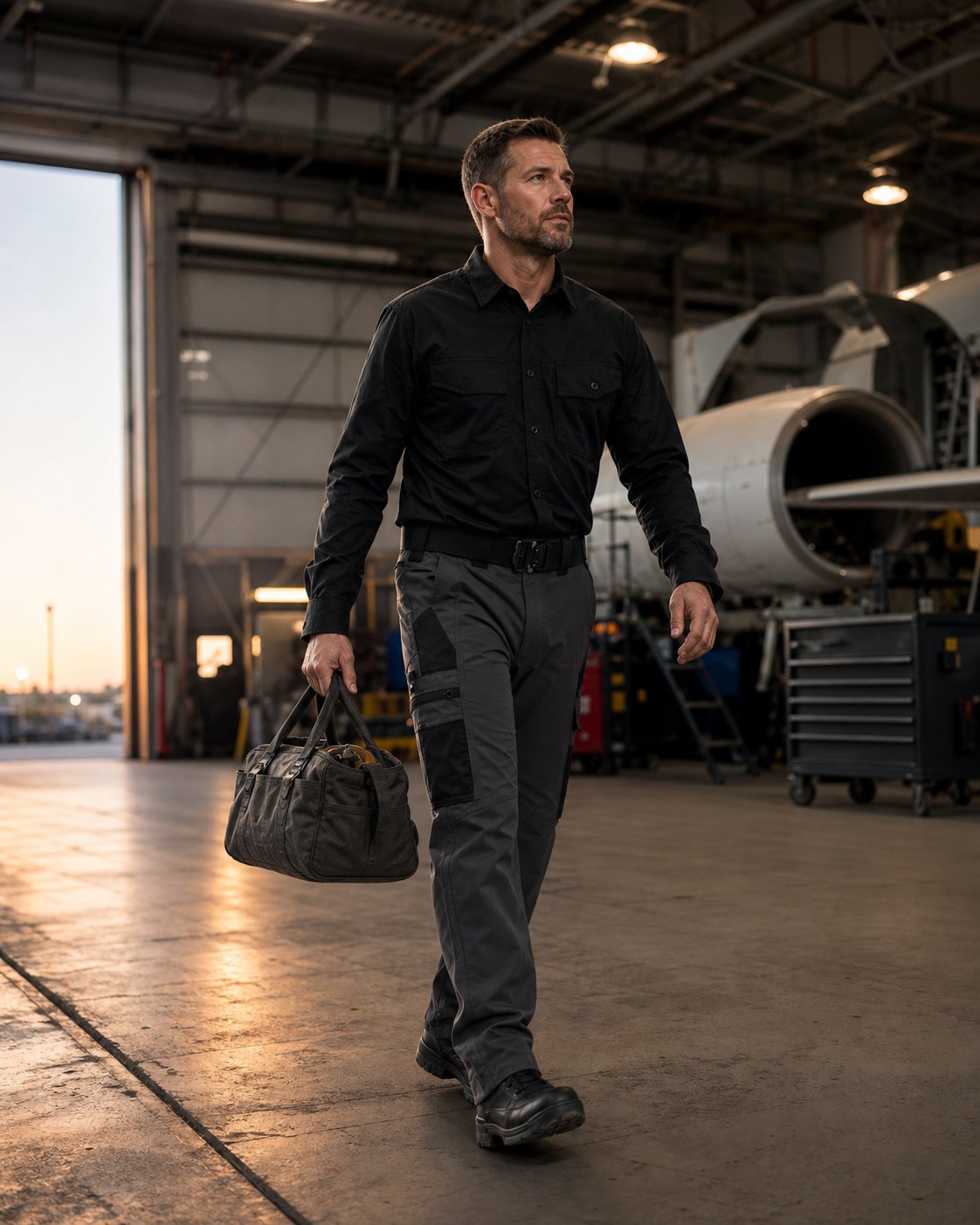 Man wearing charcoal tactical work pants in an aircraft hangar