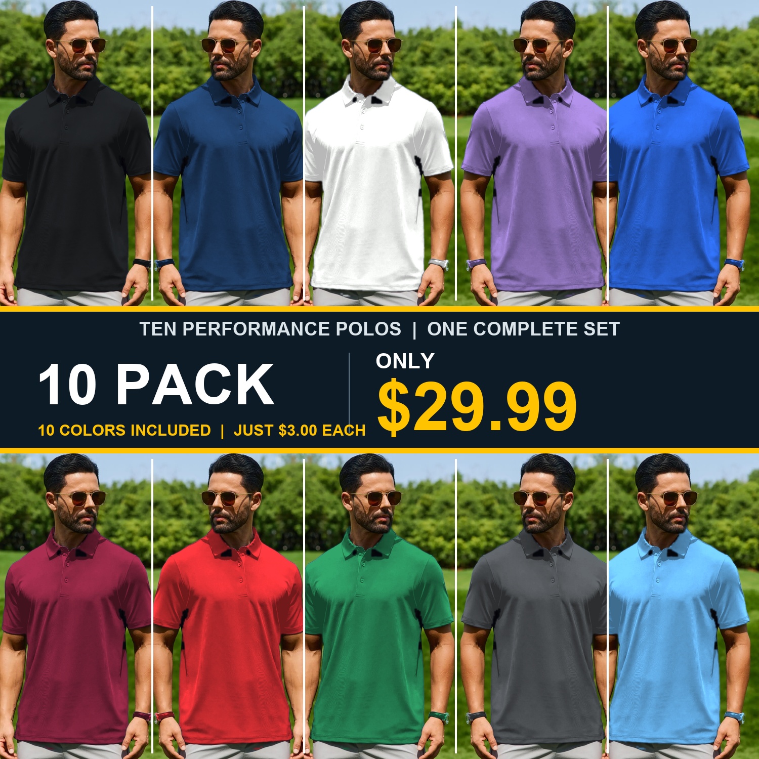 Ten performance polo shirts, 10-pack offer for $29.99