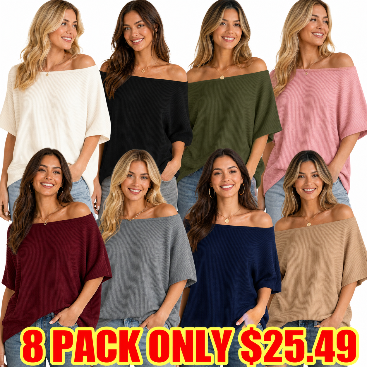 Women's Off Shoulder Loose Knit Top - 8 Pack bundle main image