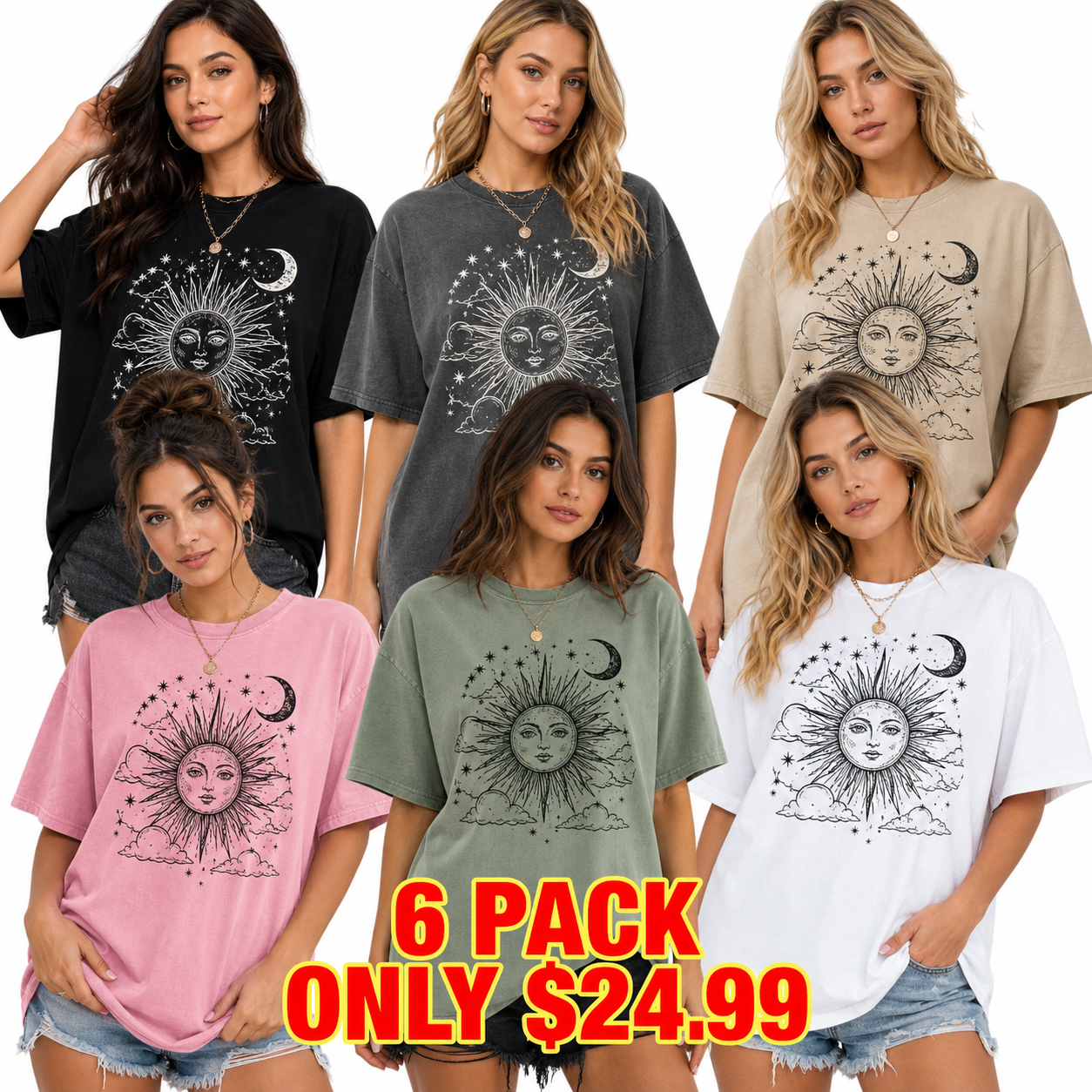 Women's Oversized Washed Graphic T-Shirt - 6 Pack bundle main image