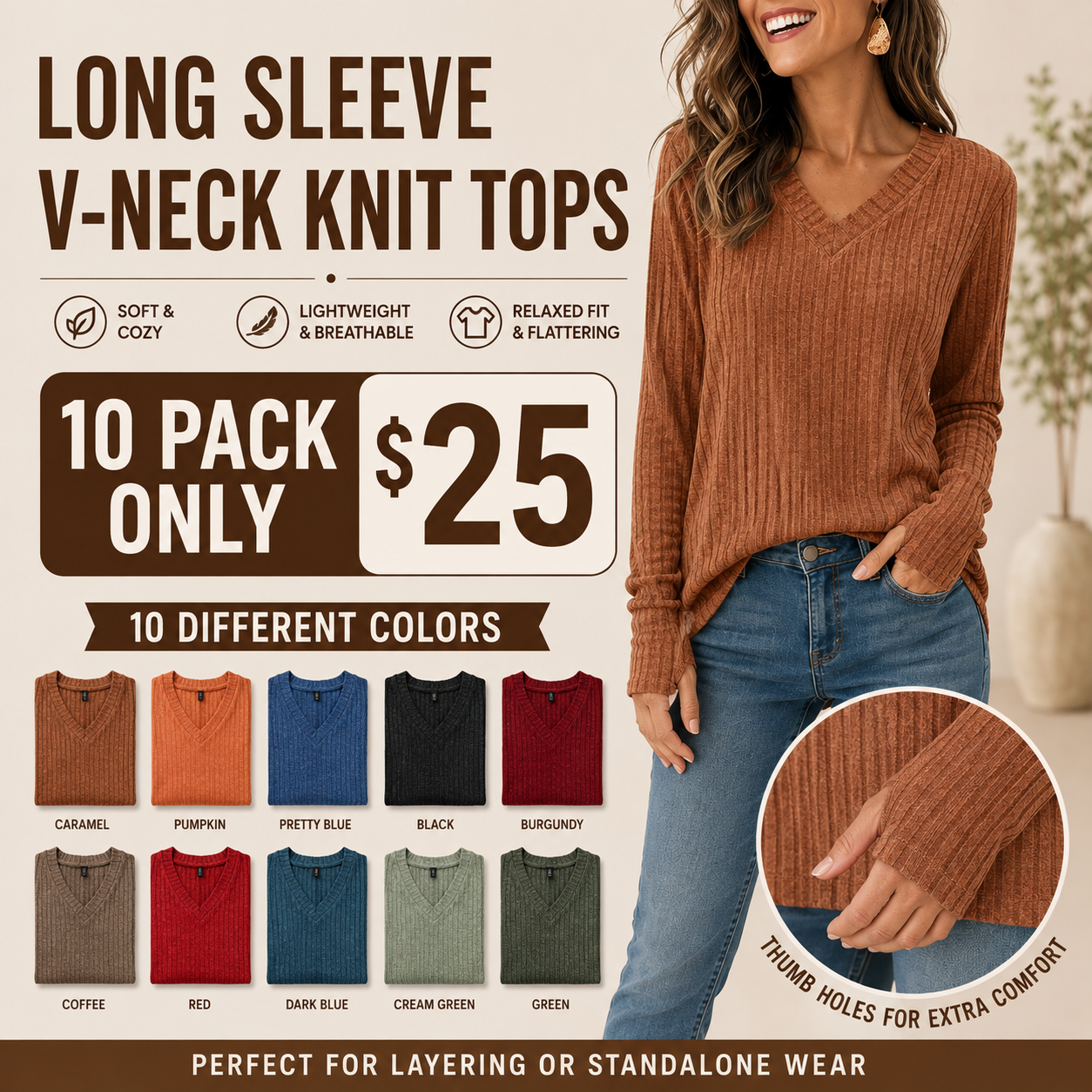 Women's Lightweight V-Neck Knit Tunic Top - Oversized Layering Sweater