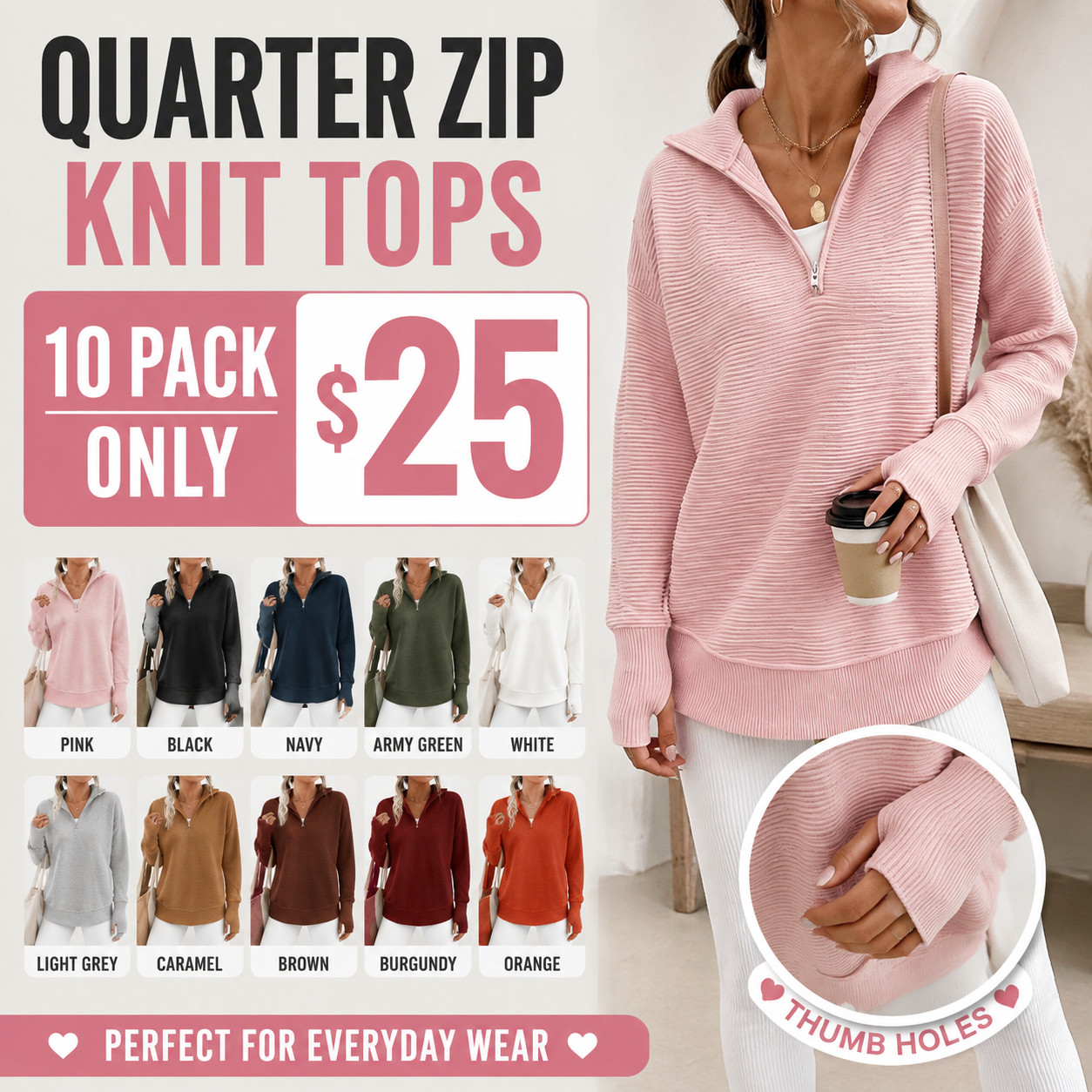 Women's Long Sleeve Quarter-Zip Pullover Sweater - Ribbed Knit V-Neck with Thumb Holes
