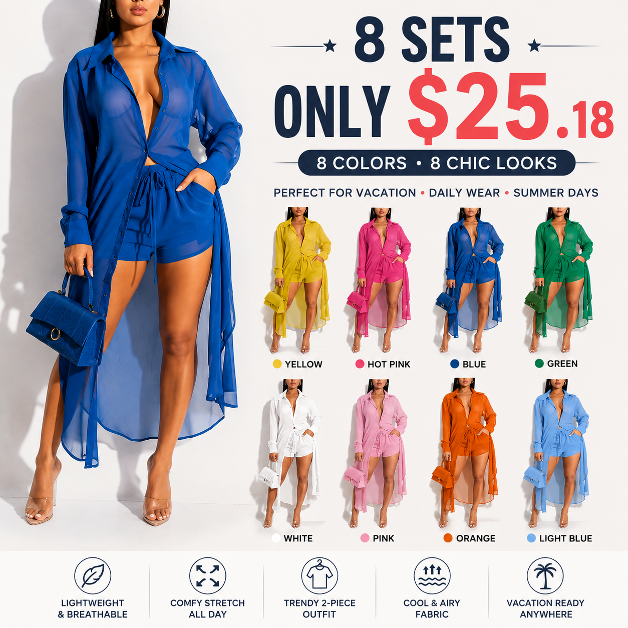 Women's Lightweight Button-Front Shirt & Shorts Set - 8-Set Color Collection