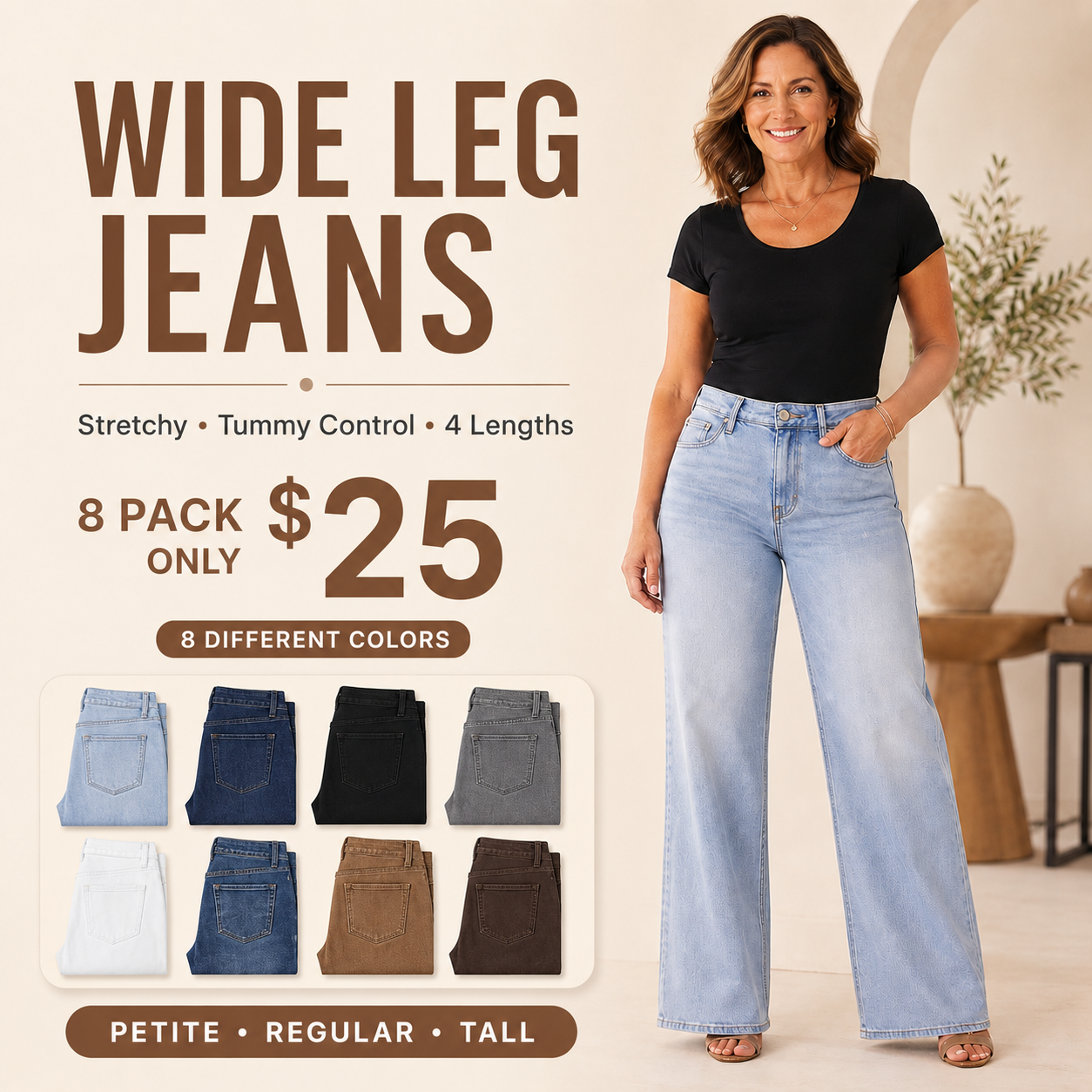 Women's Mid-Low Rise Wide-Leg Stretch Jeans - Relaxed Fit