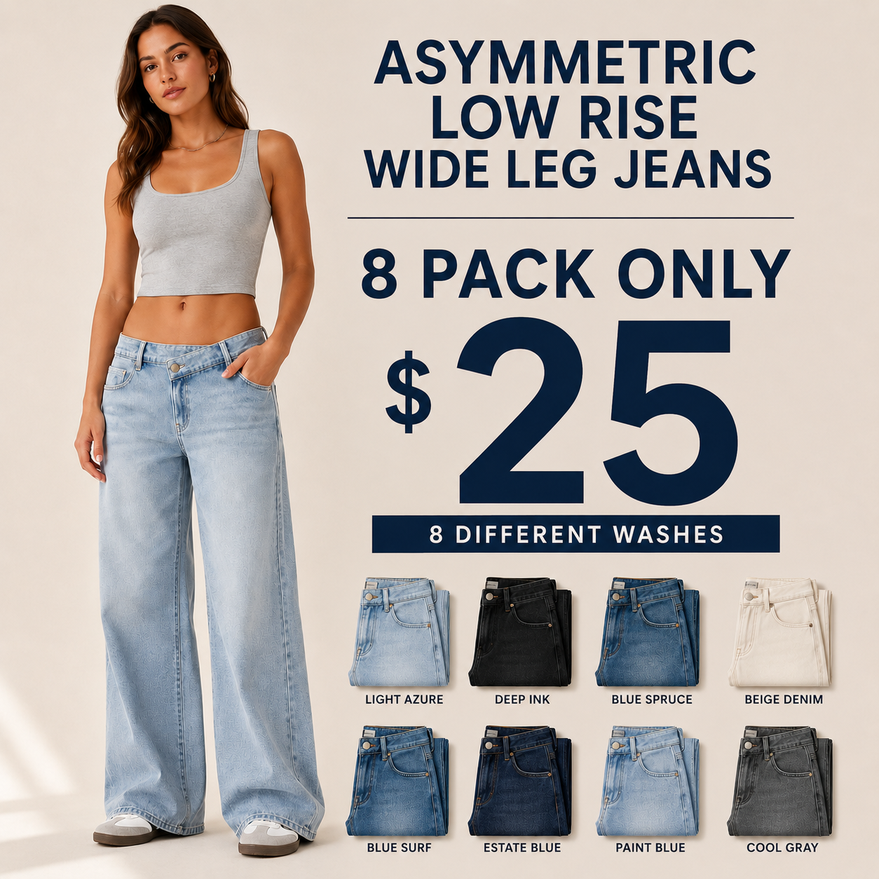 Women's Asymmetric Low-Rise Wide-Leg Jeans - Stretch Pocket Denim
