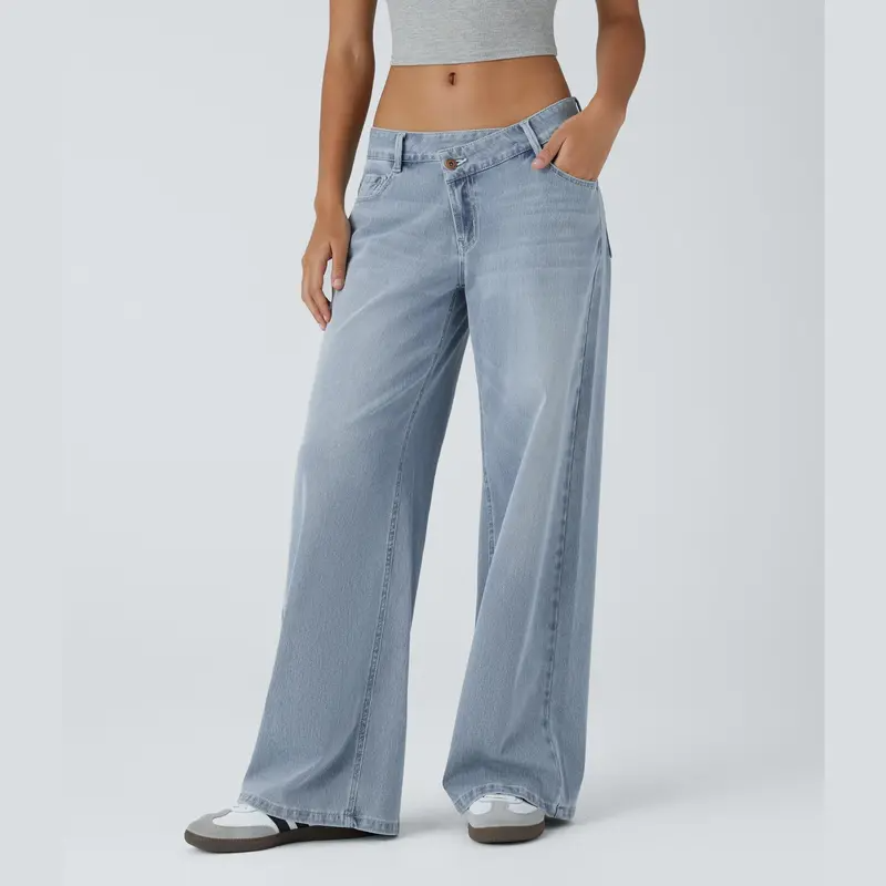 ⏰Warehouse Clearance⚡Women's Asymmetric Low-Rise Wide-Leg Jeans - Stretch Pocket Denim