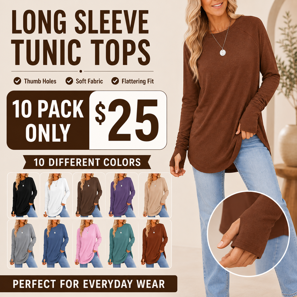 Women's Long Sleeve Tunic Top with Thumb Holes & Curved Hem