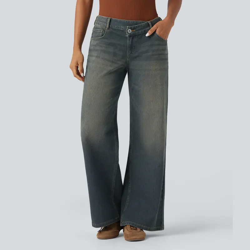 ⏰Warehouse Clearance⚡Women's Asymmetric Low-Rise Wide-Leg Jeans - Stretch Pocket Denim