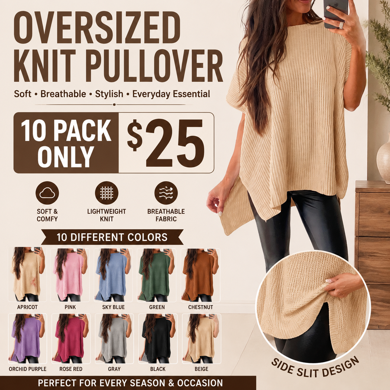 Women's Oversized Solid Knit Pullover Sweater - Puff Short Sleeves, Round Neck & Side Slit