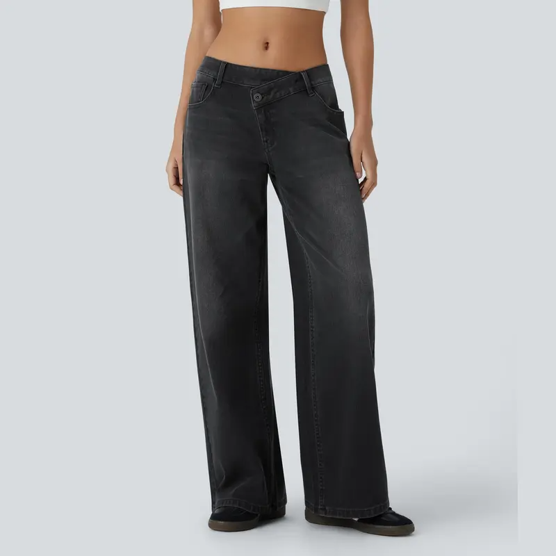 ⏰Warehouse Clearance⚡Women's Asymmetric Low-Rise Wide-Leg Jeans - Stretch Pocket Denim