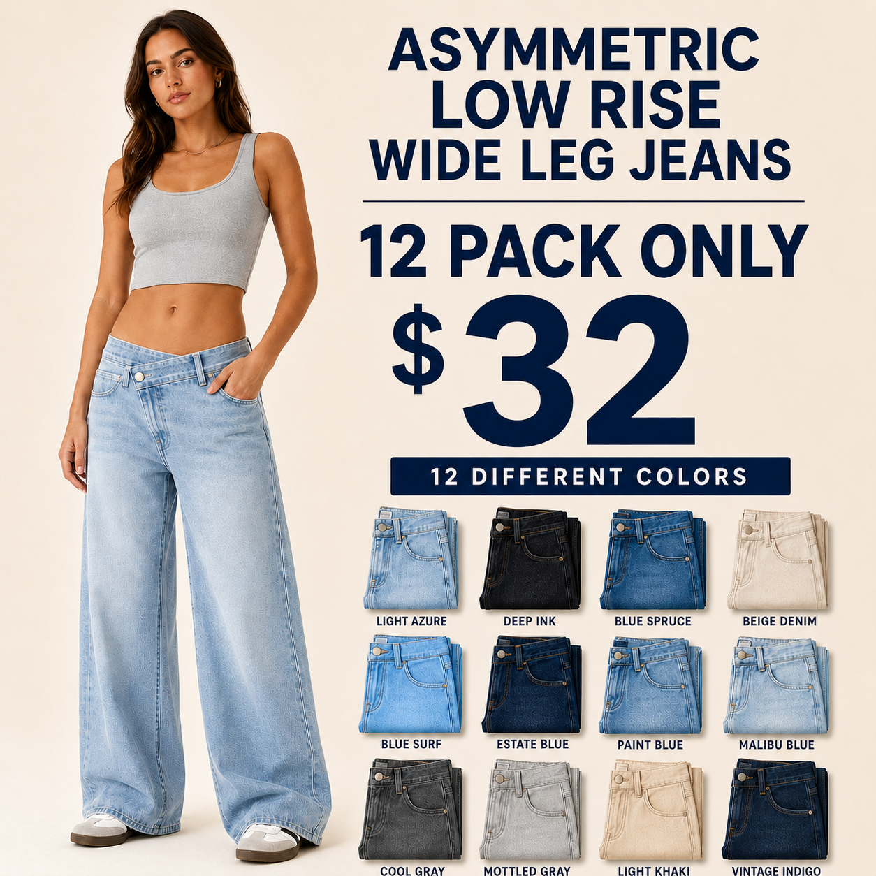 ⏰Warehouse Clearance⚡Women's Asymmetric Low-Rise Wide-Leg Jeans - Stretch Pocket Denim
