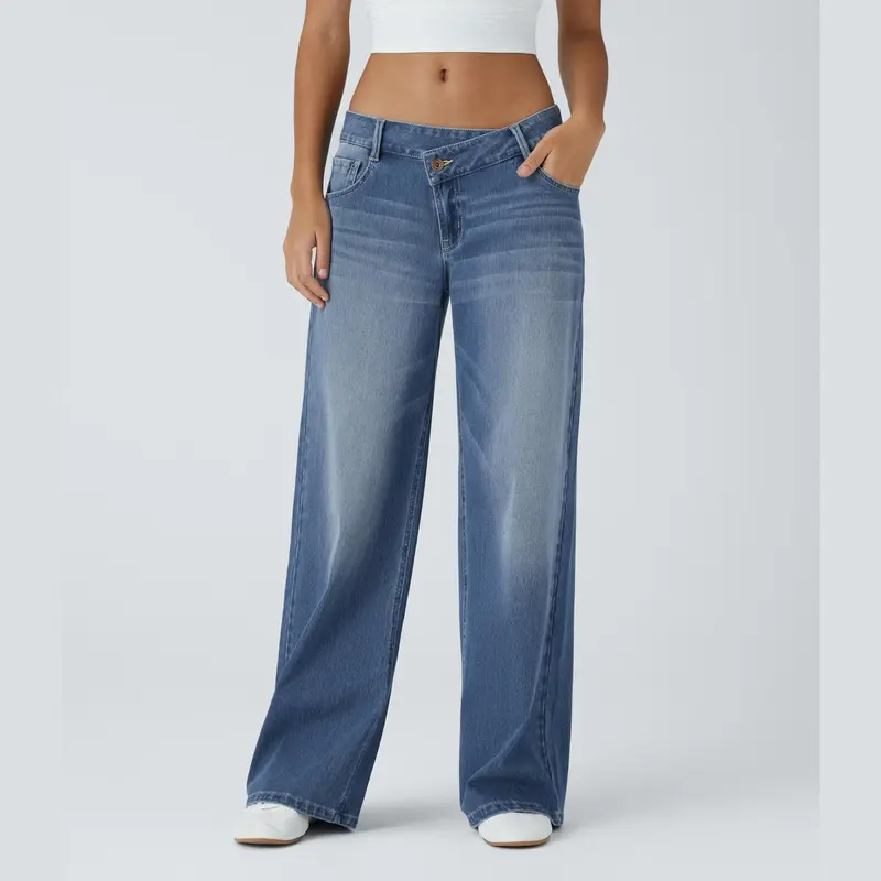 ⏰Warehouse Clearance⚡Women's Asymmetric Low-Rise Wide-Leg Jeans - Stretch Pocket Denim