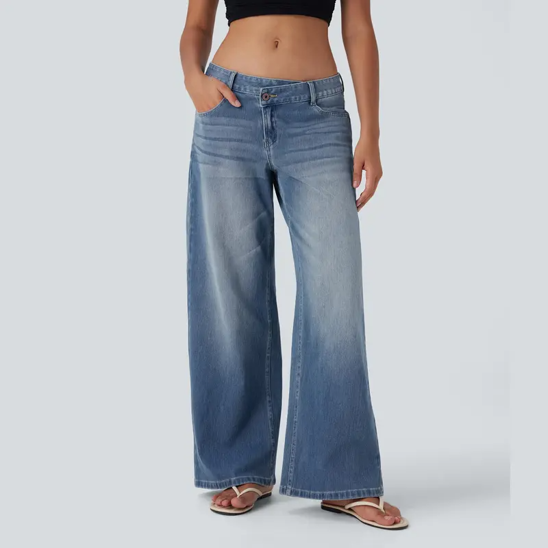 ⏰Warehouse Clearance⚡Women's Asymmetric Low-Rise Wide-Leg Jeans - Stretch Pocket Denim