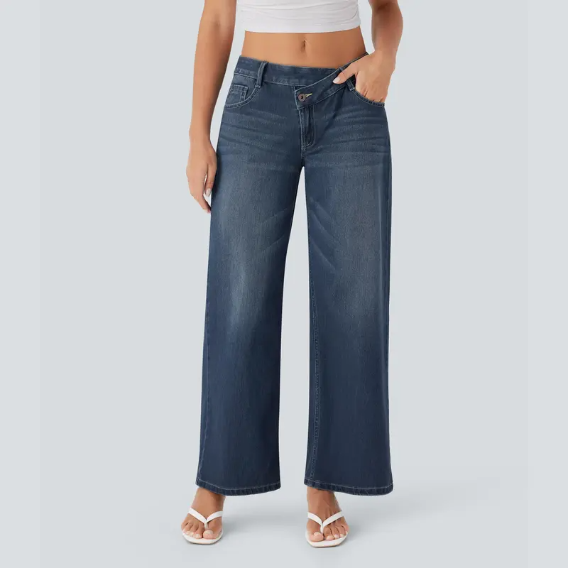 ⏰Warehouse Clearance⚡Women's Asymmetric Low-Rise Wide-Leg Jeans - Stretch Pocket Denim