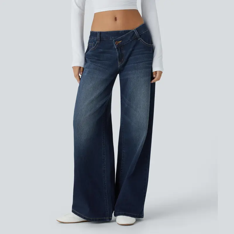 ⏰Warehouse Clearance⚡Women's Asymmetric Low-Rise Wide-Leg Jeans - Stretch Pocket Denim
