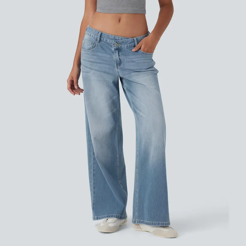 ⏰Warehouse Clearance⚡Women's Asymmetric Low-Rise Wide-Leg Jeans - Stretch Pocket Denim
