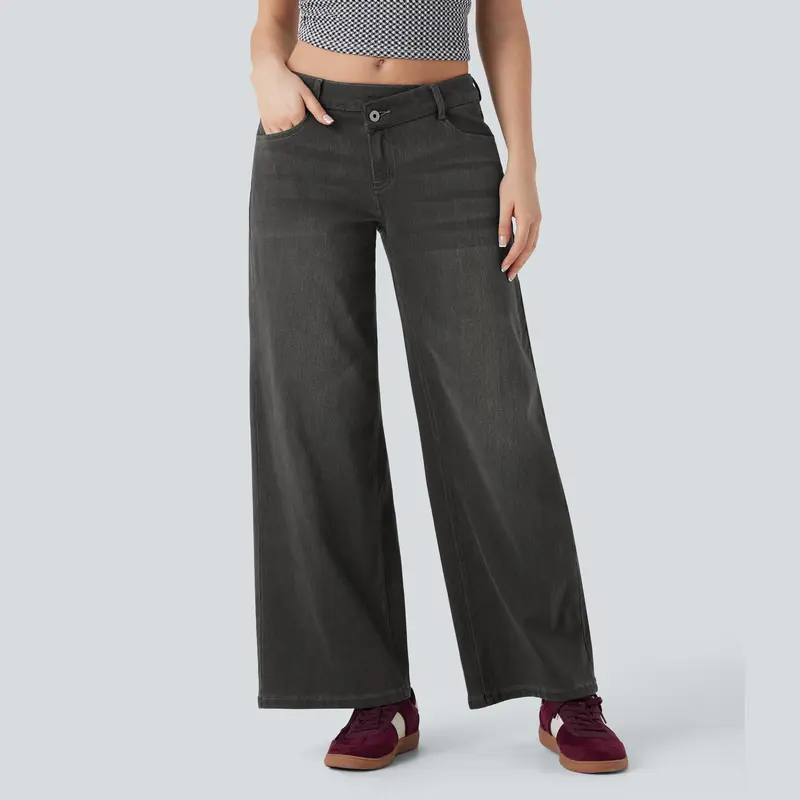⏰Warehouse Clearance⚡Women's Asymmetric Low-Rise Wide-Leg Jeans - Stretch Pocket Denim