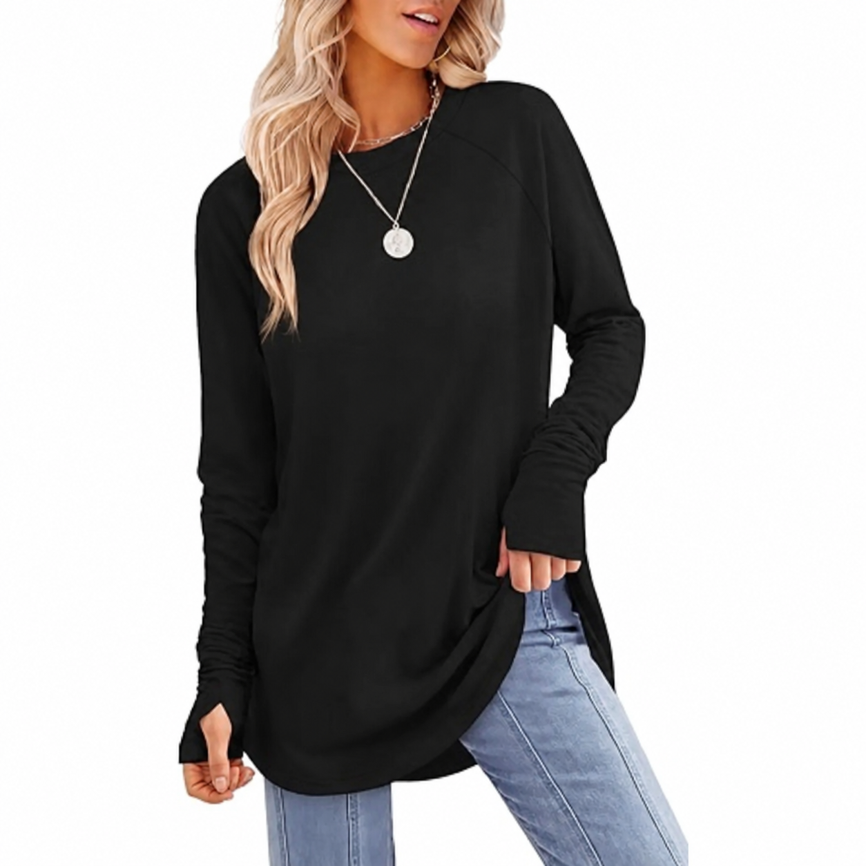 Women's Long Sleeve Tunic Top with Thumb Holes & Curved Hem