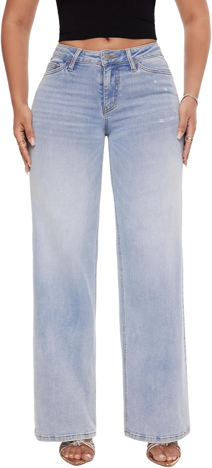 Light blue mid-low rise wide-leg jeans front view