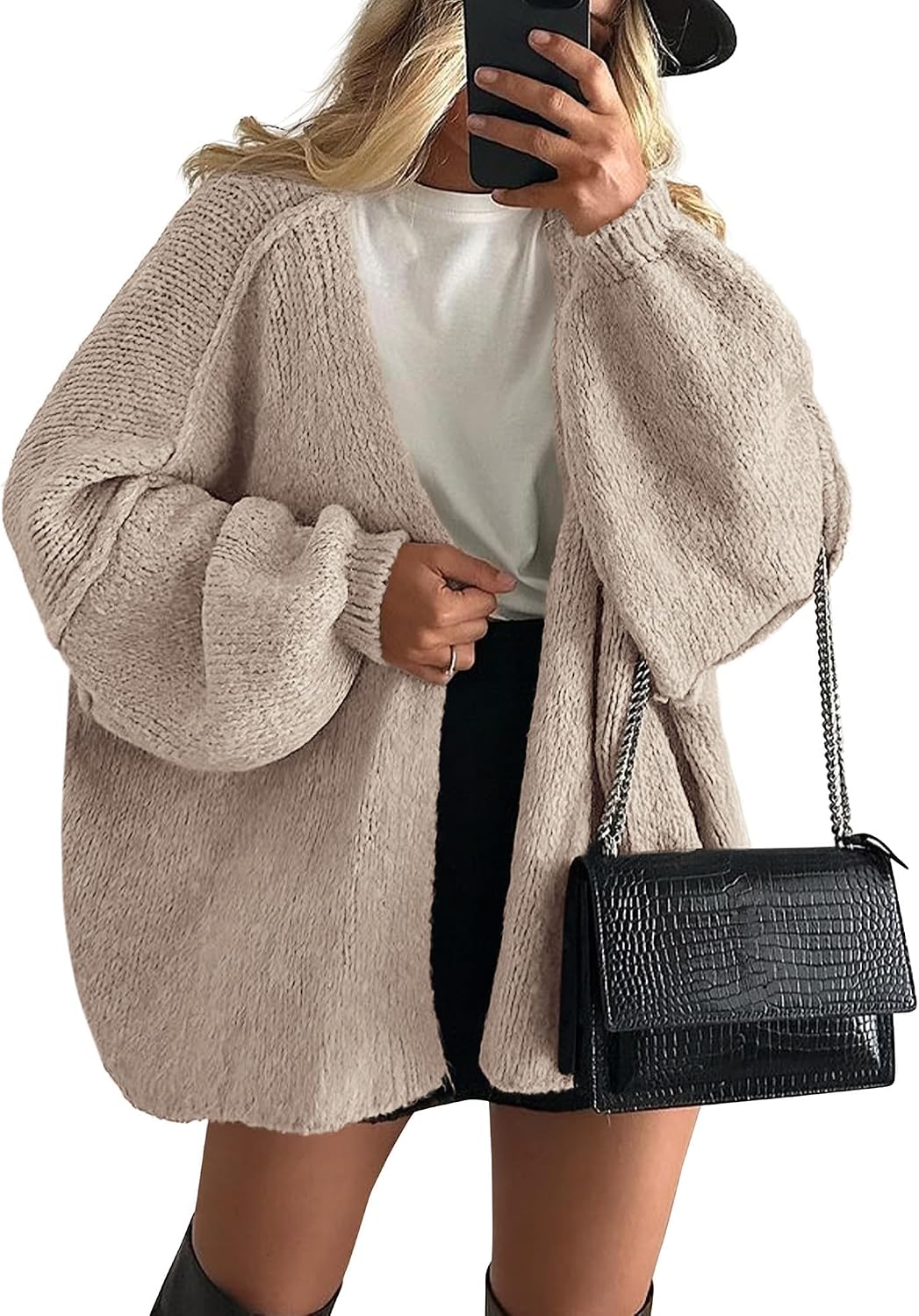 Grey beige oversized open-front cardigan sweater on a model
